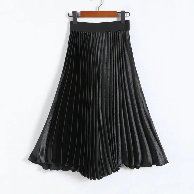 New Vintage Women High Waisted Metallic Luster Skater Pleated Skirt Spring Summer Autumn Fall Solid Flared Mid Calf Skirts | Женская