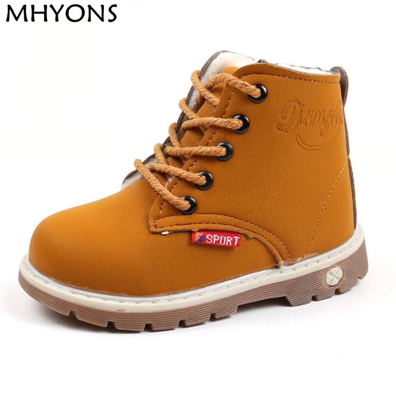 MHYONS/обувь; коллекция года; зимние ботинки для девочек; Плюшевые Детские теплые мотоциклетные ботинки для мальчиков; Ботинки martin на шнуровке в римском стиле; зимняя детская обувь