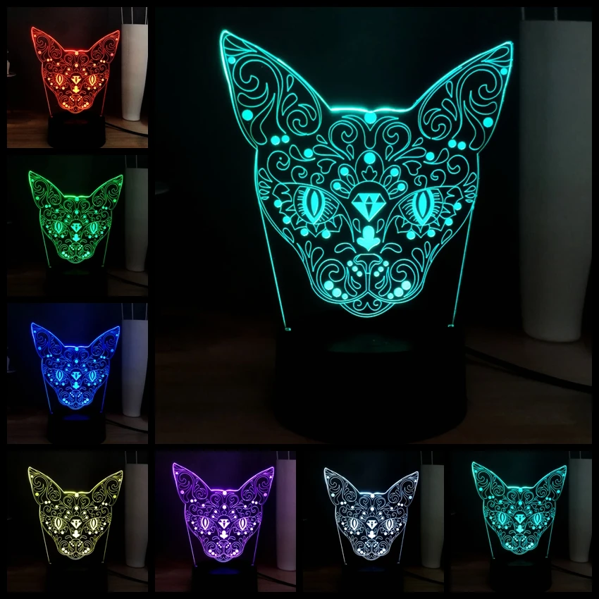 Новая 3D голова котенка олень Иллюзия акриловая Светодиодная панель 7 цветов