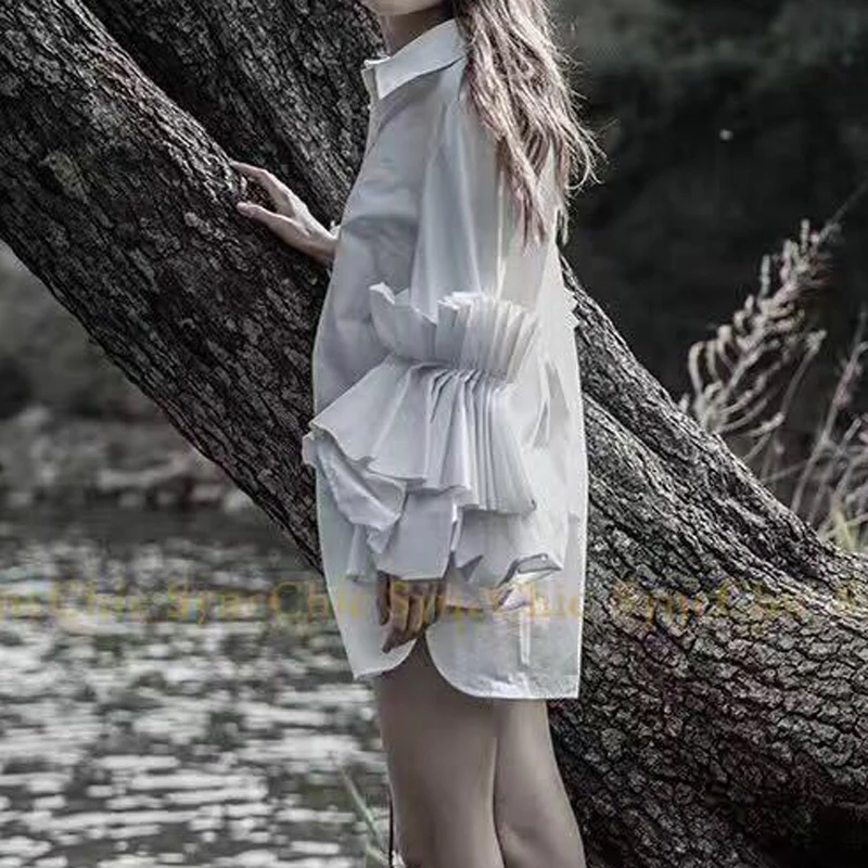 Женская рубашка CHICEVER черная Свободная с рукавом фонариком и плиссированными