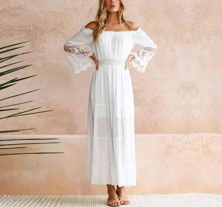 Летнее Длинное белое пляжное платье без бретелек с длинным рукавом сексуальное