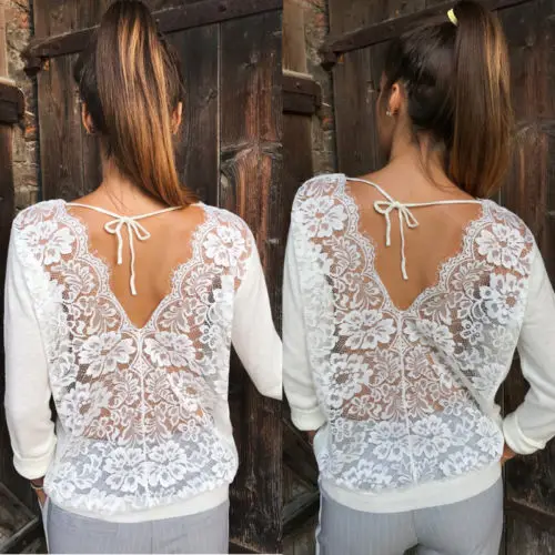 Женская одежда с длинным рукавом свободная кружевная блузка круглым вырезом