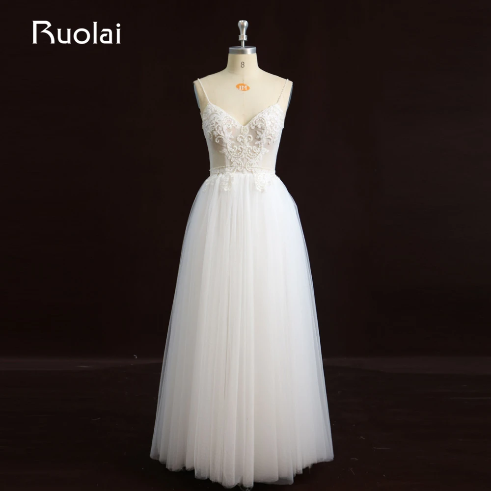 

Elegant Ivory Boho Wedding Dress Long 2019 A-Line Pearls Beaded Lace Bridal Gown Floor Length Vestido de Novia RW17