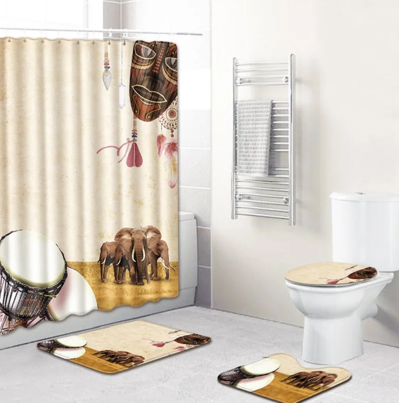 

African Style Polyester Shower Curtain Set Non Slip Bath Mats Rugs Carpet for Toilet Seat Cover Flannel Bathroom Mat Set 4pcs