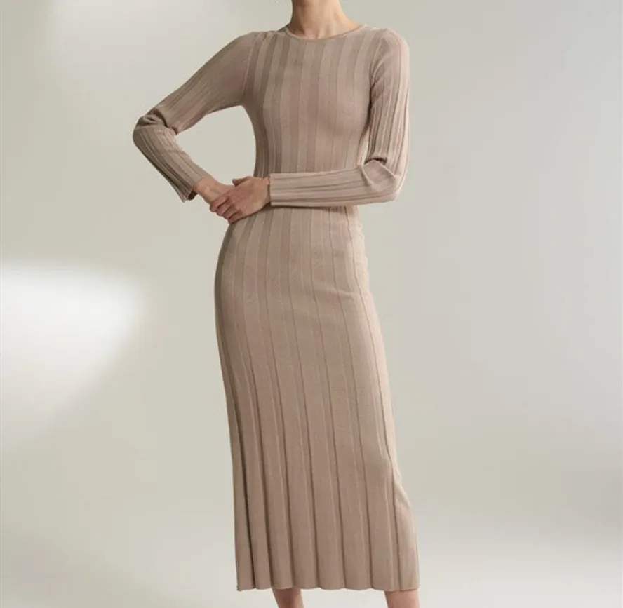 

2019 early autumn smooth solid color thread striped women long sleeve slim knit long dress two colors