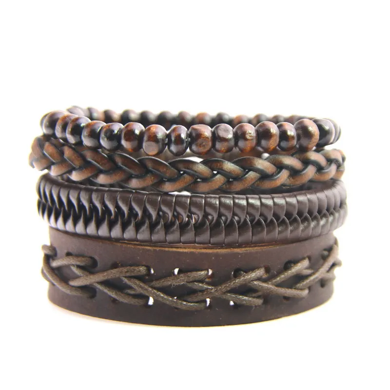 4 PCS/Set Vintage Punk Weave Alloy Charm Men Leather Bracelets For Women Homme Female Jewelry Multilayer Bracelet | Украшения и