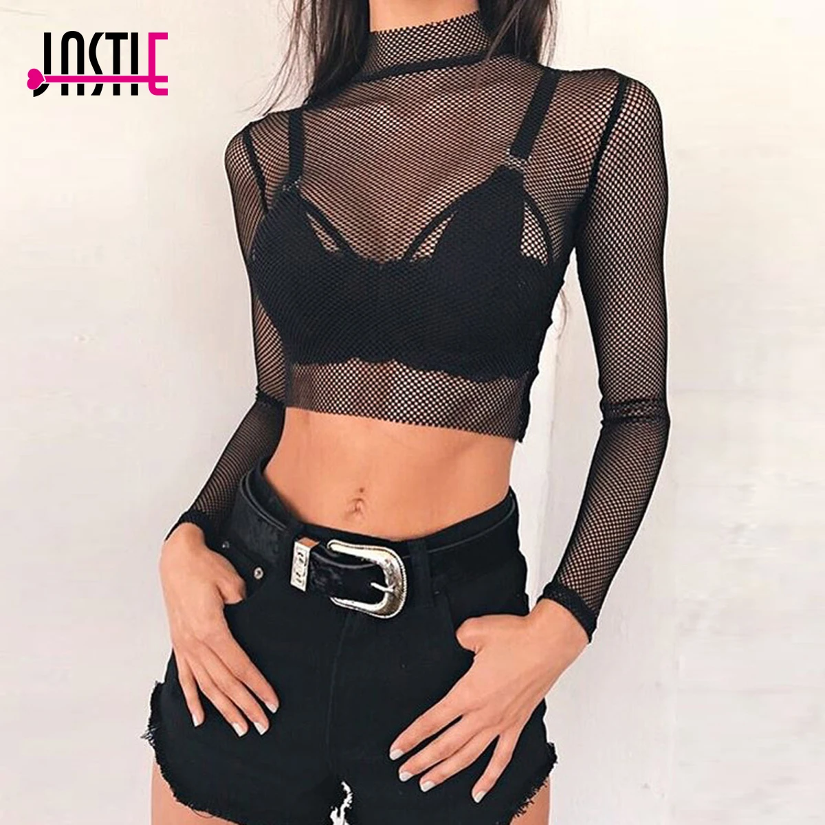 Женский ажурный топ Jastie прозрачный укороченный с длинным рукавом и