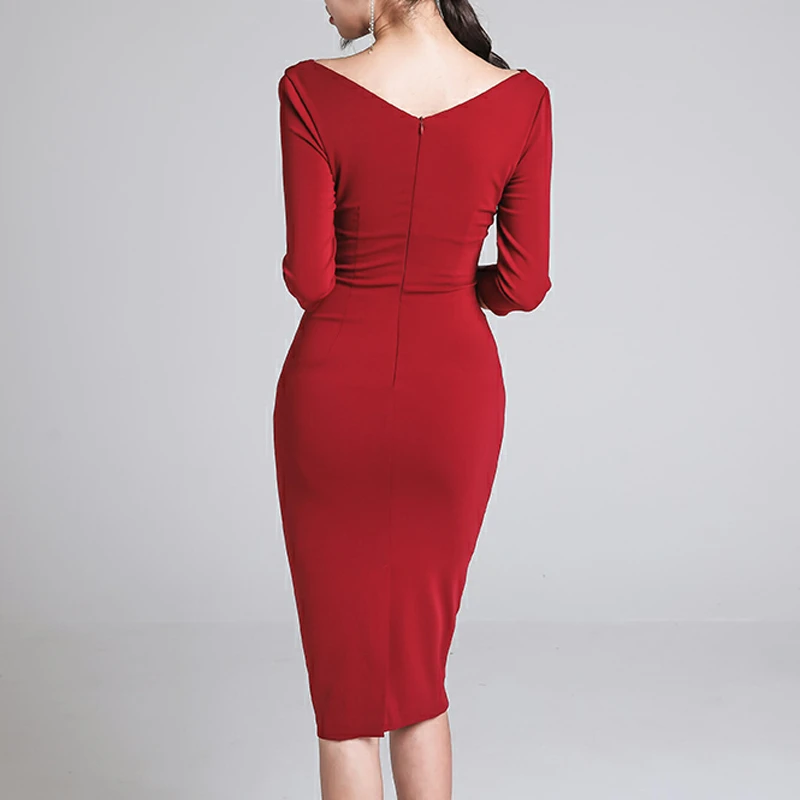 Сексуальное Красное Кружевное облегающее женское вечернее платье с v образным