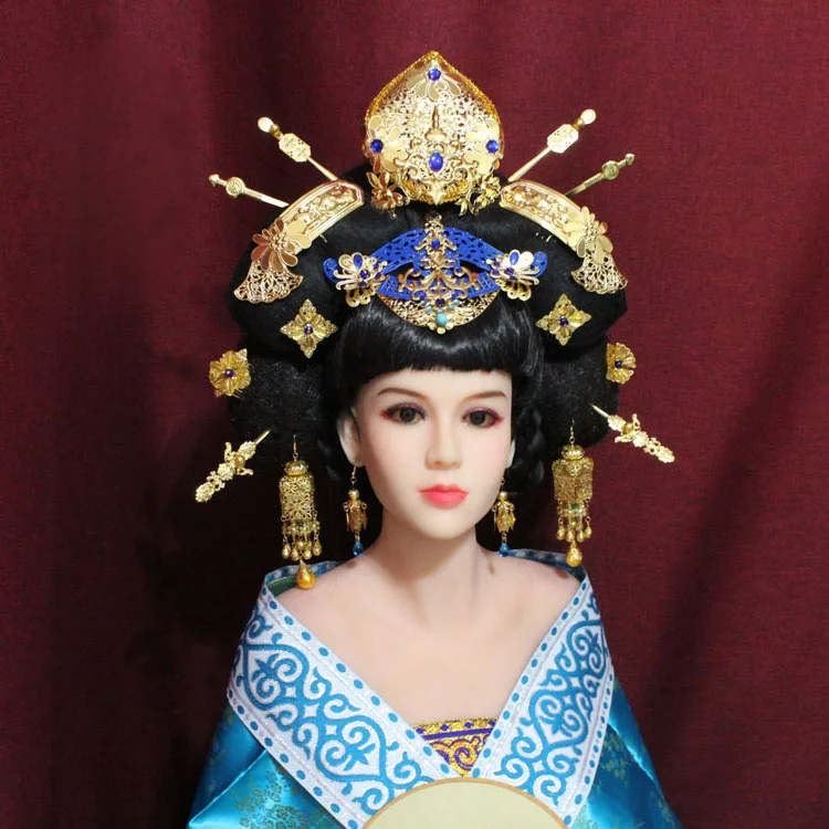 Blue Gold Series Tang Dynasty Empress Hair Tiara for TV Play Legend of Tang Empress- Wu MeiNiang Drama Tiara Hanfu Headpiece