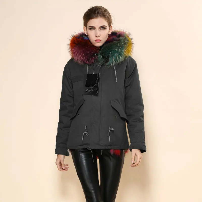 Женская парка с натуральным лисьим мехом красивая зимняя разноцветная густым