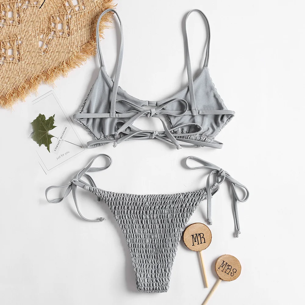 ZAFUL Smocked Ленточные бикини купальник женский Bralette с низкой посадкой Спагетти ремни