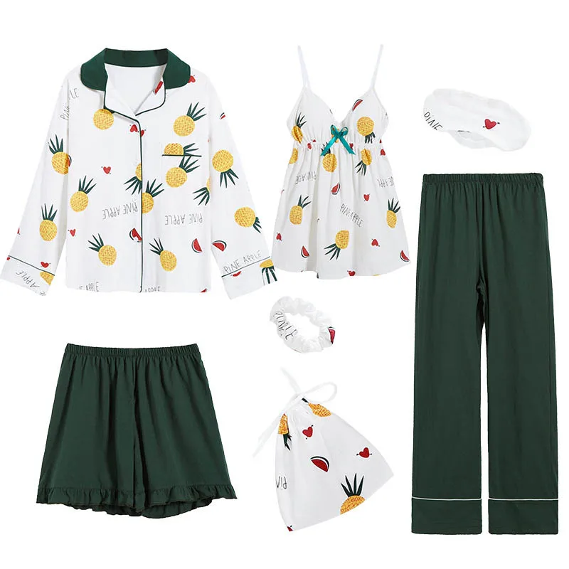 Женские пижамы из хлопка с принтом и длинными рукавами костюм семи предметов