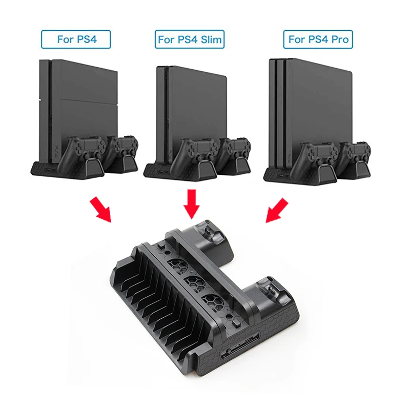 For PS4/PS4 Slim/PS4 Pro Vertical Stand with Cooling Fan Dual Controller Charger Charging Station For SONY Playstation 4 Cooler