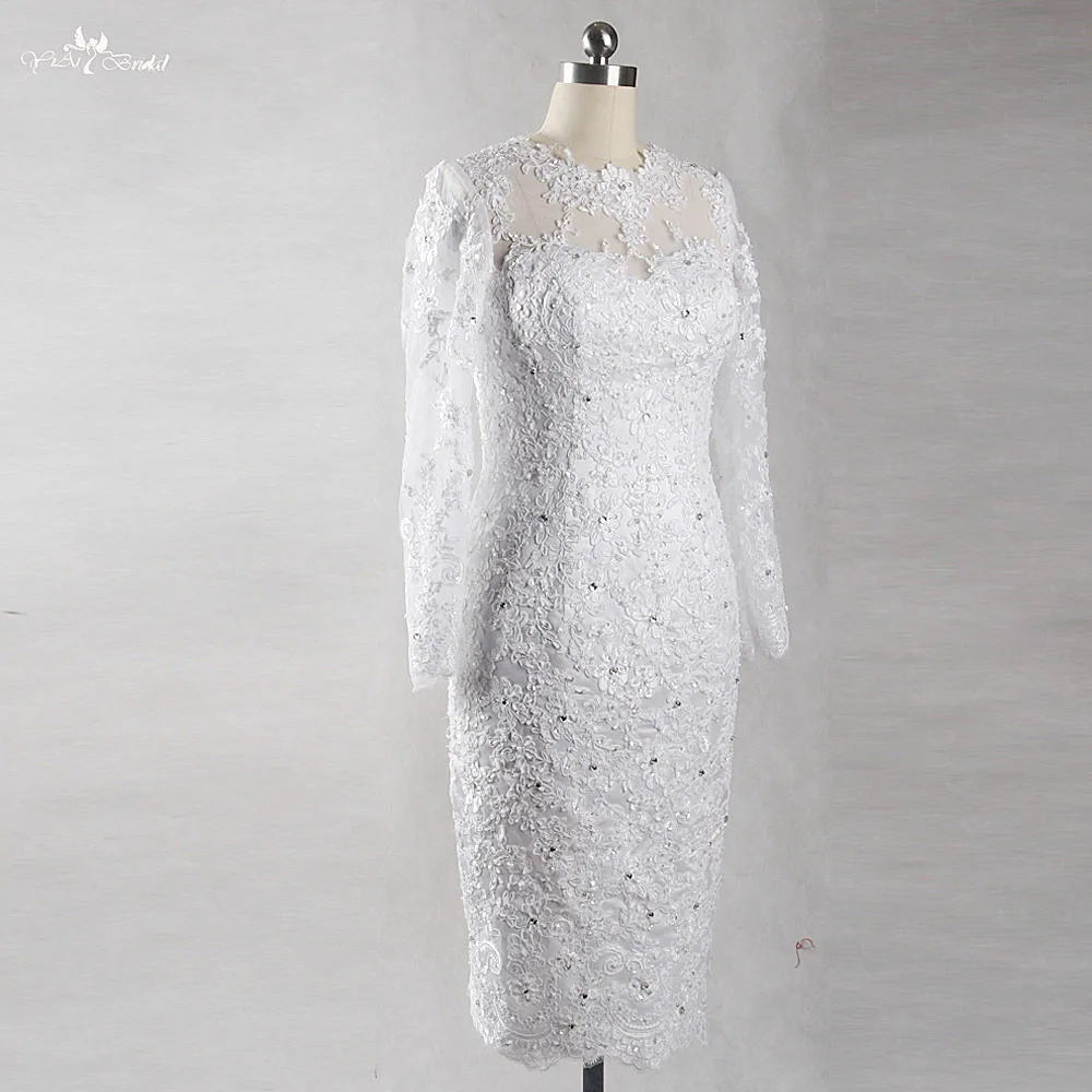 RSW1422 Yiaibridal Фото работы белое кружевное платье с длинным рукавом и о вырезом|lace short