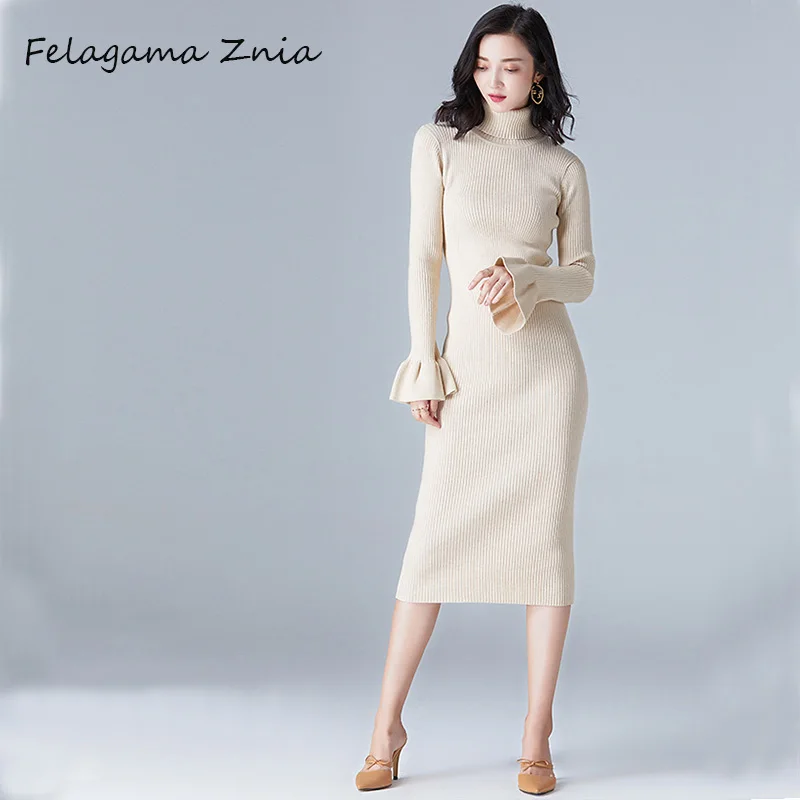 Felagama Znia elegant flare sleeve sweater dress pullover women turtleneck solid female 2018 autumn winter party | Женская одежда