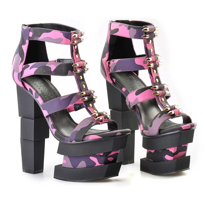 Sinsaut Summer Women Shoes High Heels Wedge Sandals Fuchsia Camouflage Bullet Decoration Sexy Punk Party Sandals