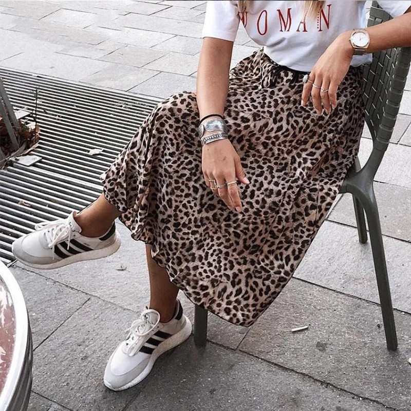 Vintage Leopard Print Pleated Skirts Women Punk Rock Korean Skirt Streetwear Drawstring Elastic Waist Ladies Midi | Женская одежда