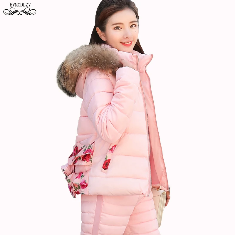 Pink Женский спортивный костюм, зима, Женское пальто из искусственного меха, куртка+ хлопковые брюки, костюмы, женское модное пальто с капюшоном, комплекты из двух предметов HJ198 - Цвет: Pink