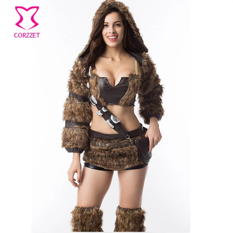 Коричневый топ из искусственного меха и кожи с юбкой + шапка куртка костюм
