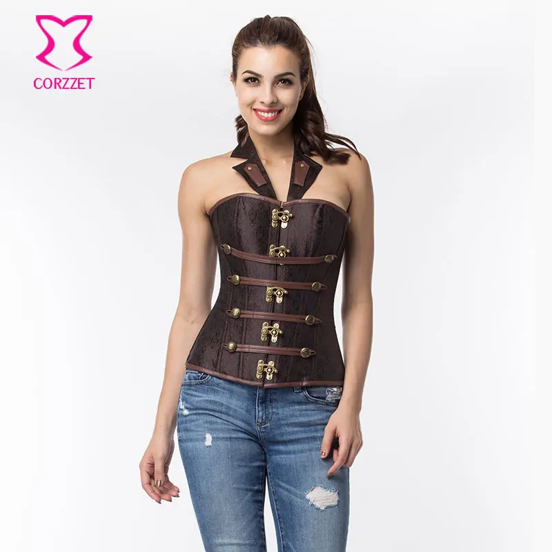Corzzet Retro Halter Brown Brocade Steel Boned Overbust Corsets And Bustiers Waist Trainer Gothic Costume Steampunk Clothing