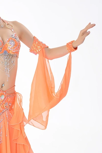 Orange Костюм для танца живота аксессуары 1 шт. рукава запястья регулируемые шифоновые рукава браслеты с блестками 11 цветов - Цвет: Orange