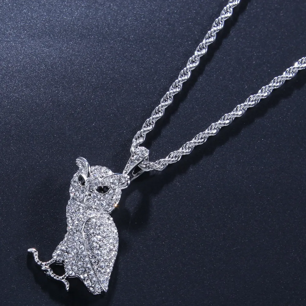 Iced Out Подвески в виде животных Совы Полный Стразы ожерелье с мишурой Золото Серебро Цвет хип хоп рэппер ювелирные изделия для женщин мужские ожерелье s