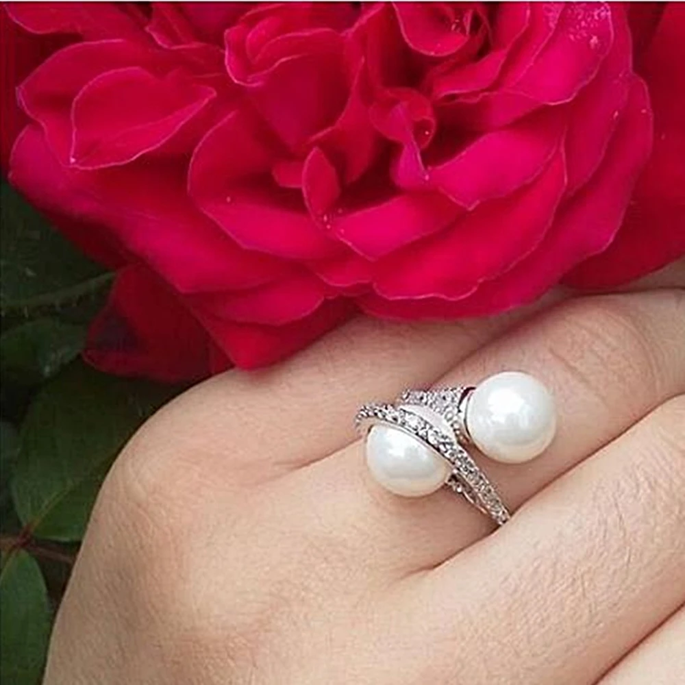 DreamCarnival1989 Infinity Finger Ring for Women Wedding Anniversary Gift for Love Gold-Color Created Pearls Jewelry Anillo Moda