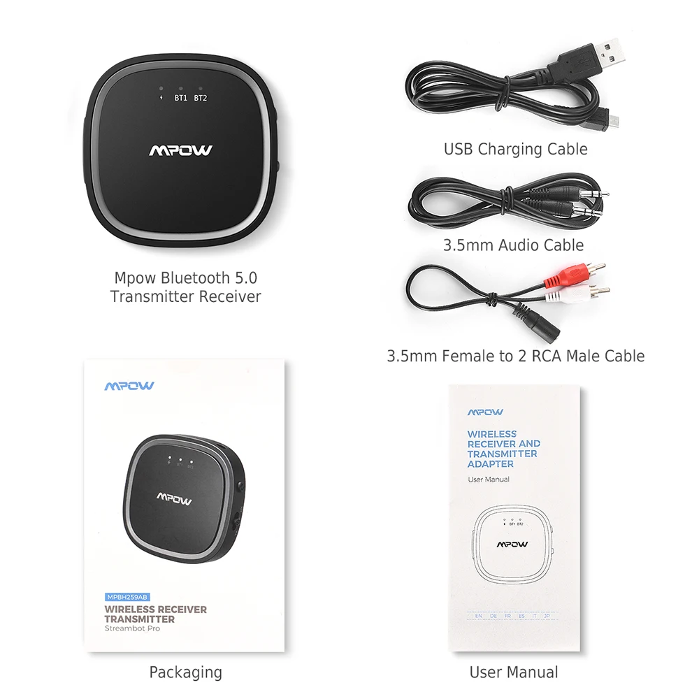 Mpow Bluetooth 5,0 приемник передатчик APTX/APTX LL/APTX HD беспроводной адаптер с 3,5 мм AUX кабель для ТВ/дома/автомобиля/наушников