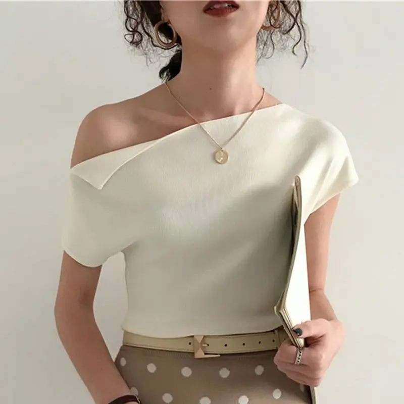 2019 корейский стиль белый вязаный Топ женская футболка летняя черная сексуальная