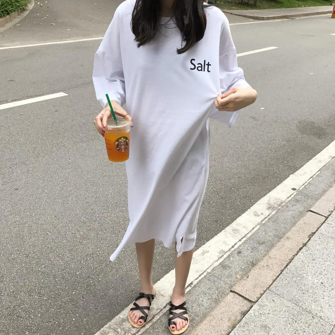 2018 women's wear INS letter printing side split fork long T-shirt loose dress tide. | Женская одежда