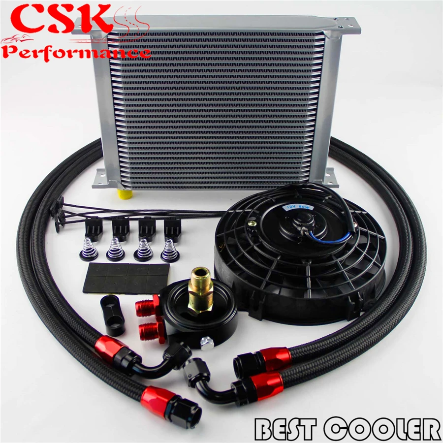 

8AN 30 Row Universal Engine Oil Cooler w/ AN-8 Filter Adapter Hose Kit +7" Universal Fan kits