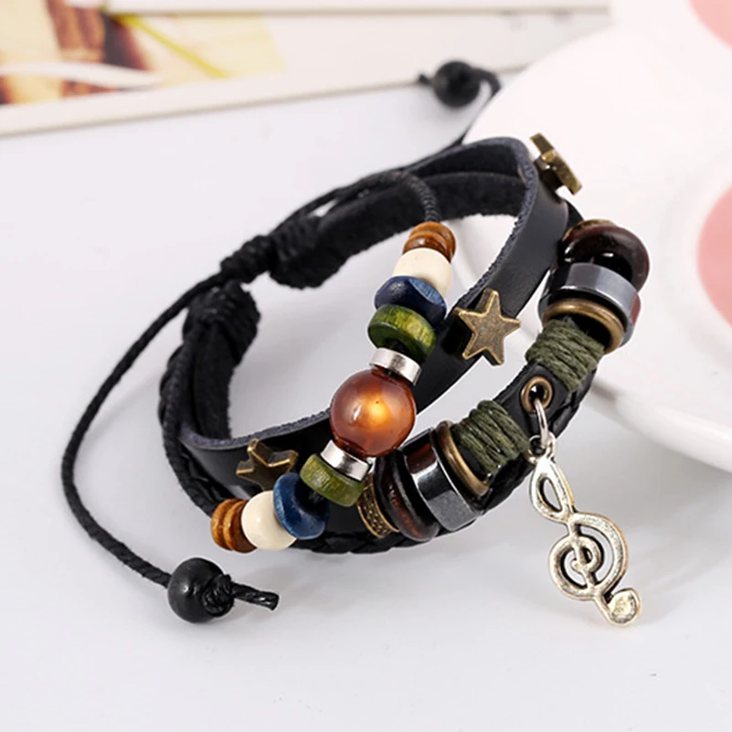 Boho Gypsy хиппи черный коричневый кожаный Звездный G Clef музыкальная нотка