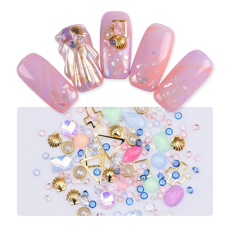 Colorful Mixed Nail Acrylic Rhinestones Flat Bottom Clear Multi-size Alloy Metal Frame Shell Manicure 3D Art DIY Decoration | Красота и