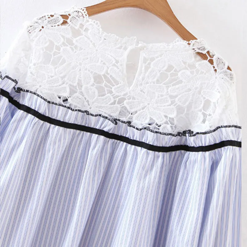 Crochet Hollow Out Lace Neck Vertical Striped Women Loose Blouse Long Sleeve Casual Summer Tops Plus Size Fashion 2017 |