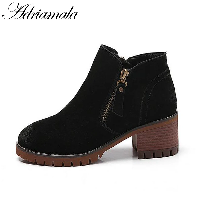 Зимние женские ботильоны 2017 Разделение кожа круглый носок квадратный каблук