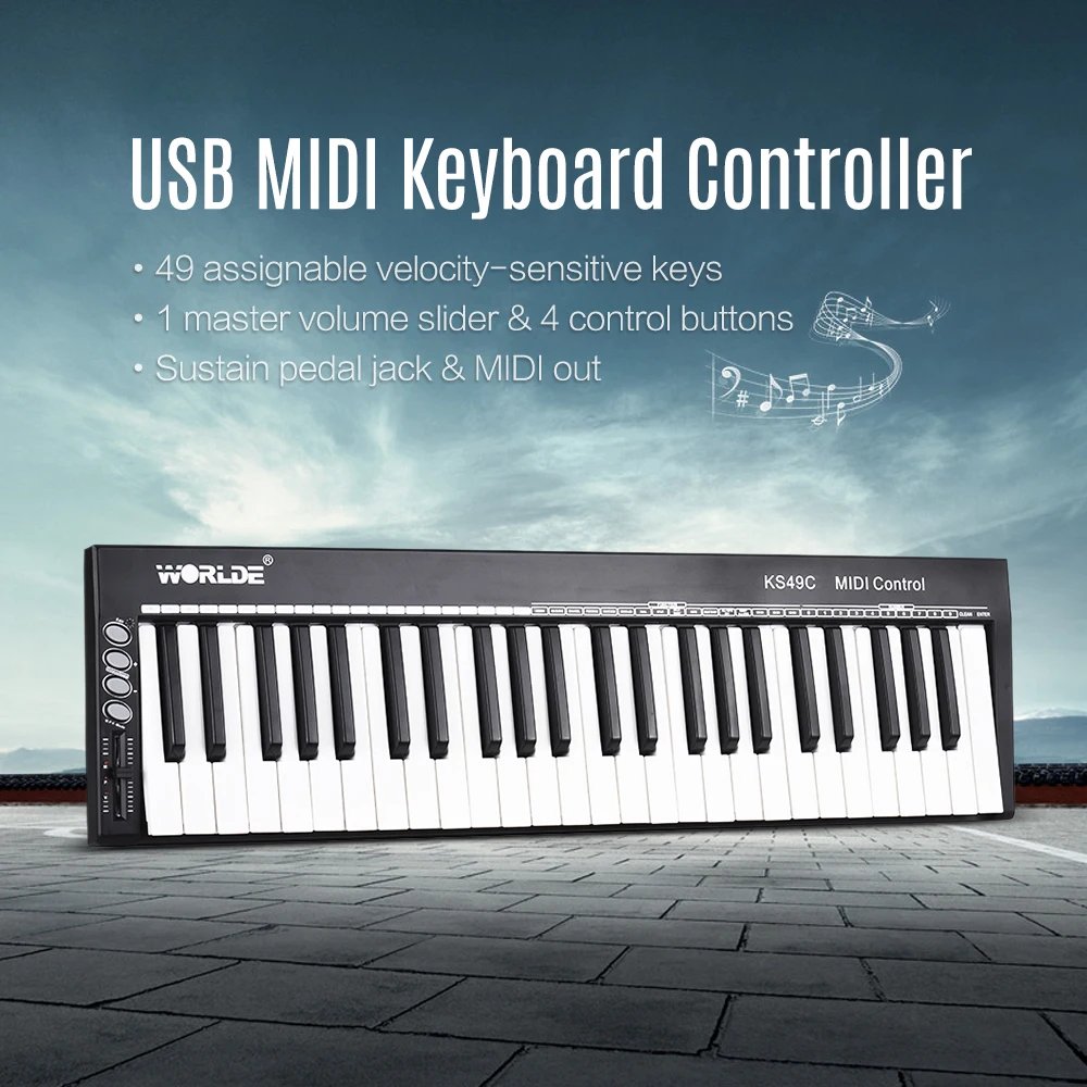 Высокое качество WORLDE KS49C 49 Key USB MIDI клавиатура контроллер с 6 35 мм педаль Джек