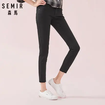 black SEMIR, женские укороченные обтягивающие джинсы с необработанным краем, Ретро стиль, женские джинсы до щиколотки, потертые джинсы с молнией, облегающие джинсы - Цвет: black