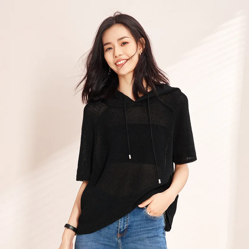 

spring summer new women casual knitted hooded solid color causal knitwear