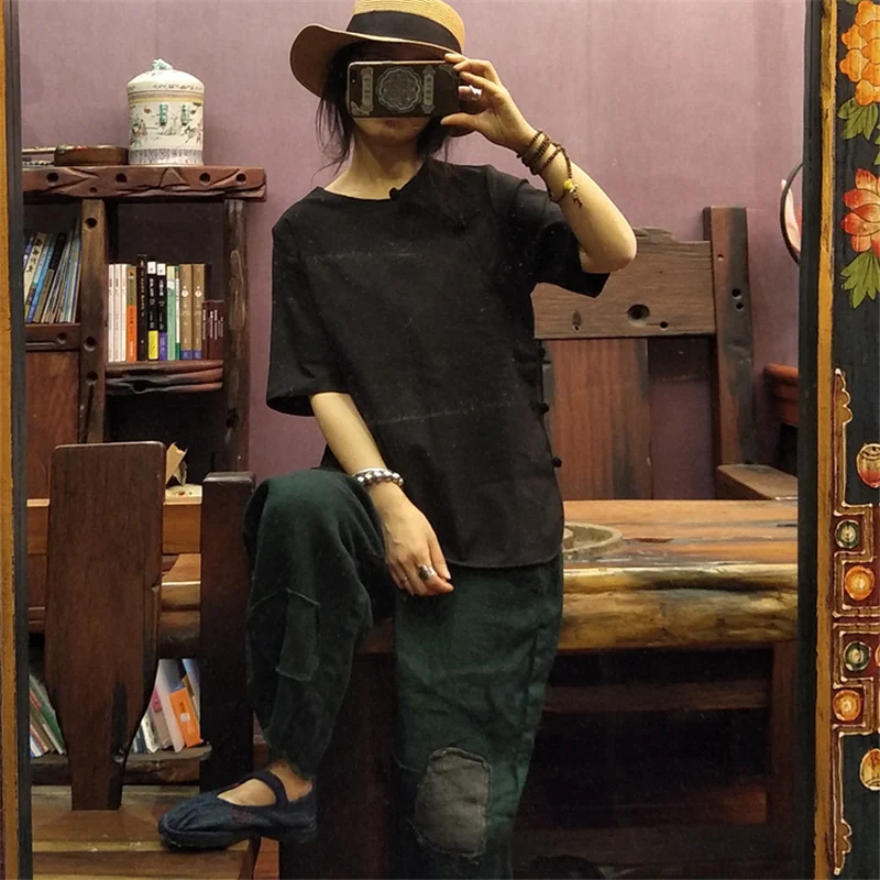 Johnature 2019 New Black Vintage Shirts For Women Summer Half Sleeve O-Neck Cotton Linen Cloths Casual Blouses And |