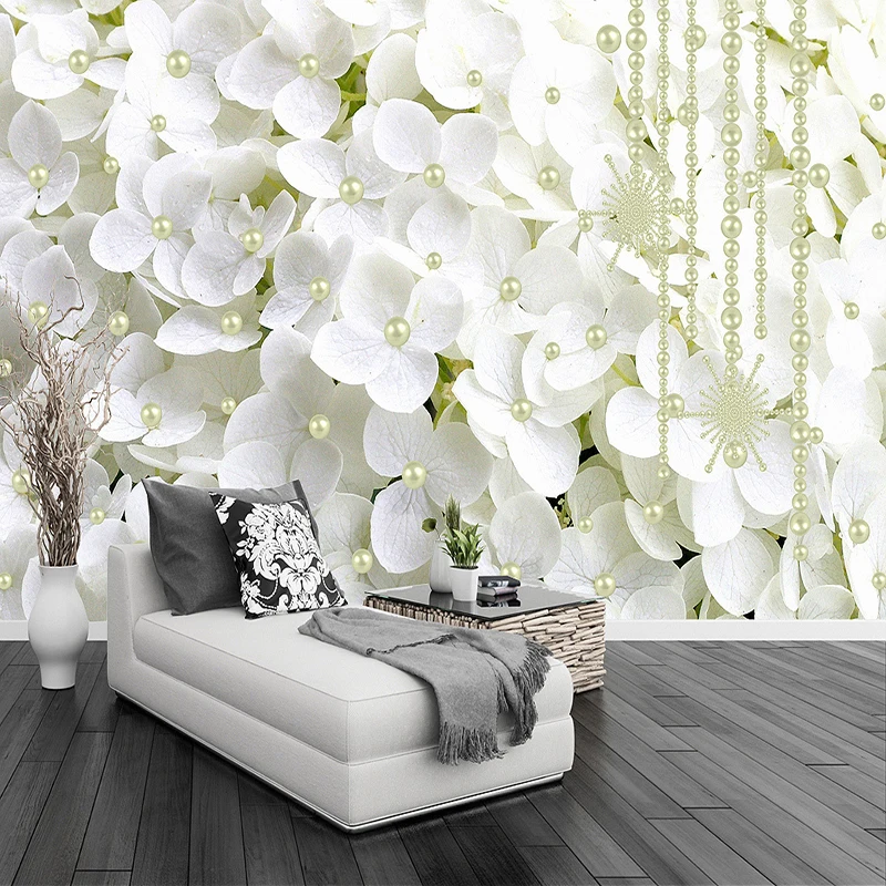 Modern Fashion 3D Stereoscopic White Flowers Jewelry Pearl Photo Wallpaper Living Room Home Interior Decor Wall Mural Wallpaper