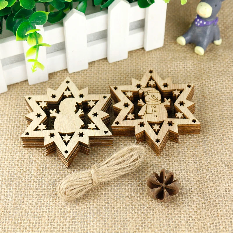 10PCS Snowman Star Wood Chips 7.5CM Chrismas Tree Pendent Decor Natural Wall Hanging Handmade Craft Wooden Accessories | Дом и сад