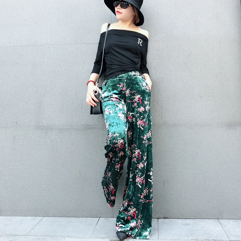 Женские повседневные брюки Осенние бархатные штаны с цветочным принтом широкие