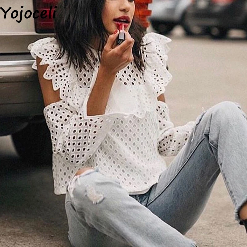 Белая кружевная блузка Yojoceli с открытыми плечами Женская Осенняя Блузка оборками