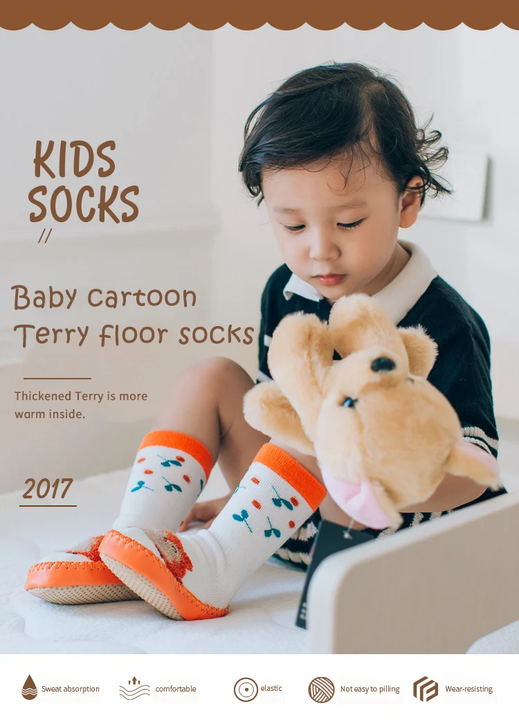 KiDaDndy/Новинка года; белая зимняя детская мультяшная обувь; нескользящие носки для новорожденных; теплые махровые носки для младенцев с кожаной подошвой; SO507