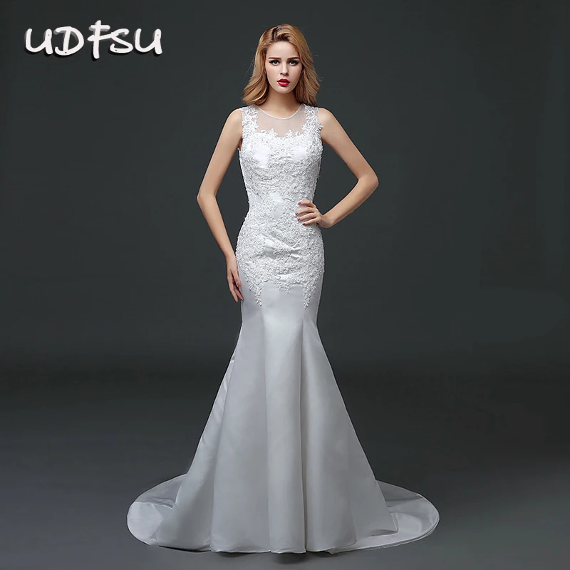 

UDFSU Women Vintage Lace Mermaid Wedding Dresses Round Neck Sleeveless Bride Wedding Gowns Backless Gown