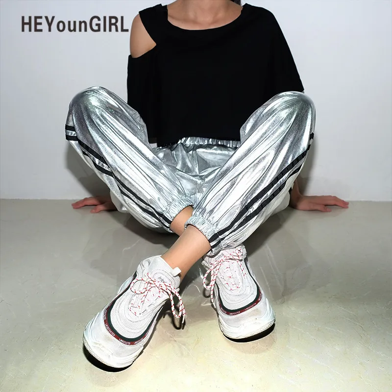HEYounGIRL полосатые повседневные спортивные брюки серебряные танцевальные женские Брюки Высокая талия модные хип-хоп брюки женские свободные брюки Капри
