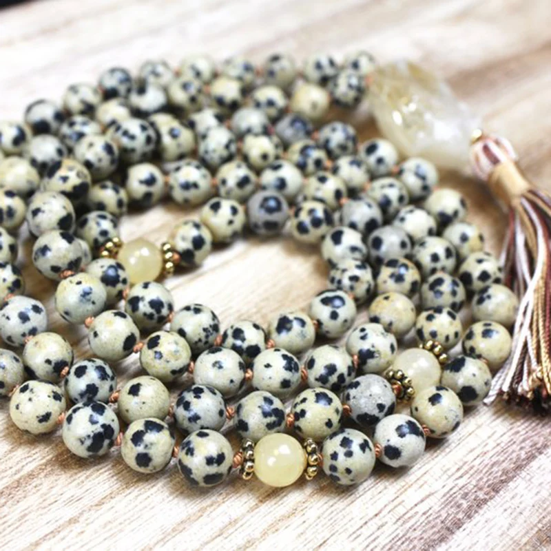 Spiritual Rough Stone Pendant Boho Jewelry Dalmatian J-asper 108 Mala Beads Collar Knotted Tassel Necklace Raw C-itrine Q-uartz | Украшения