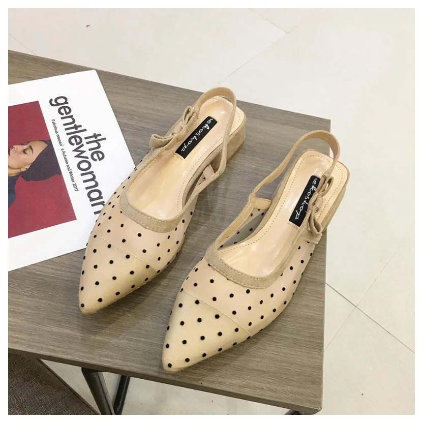 Beige Обувь; сезон лето-осень; Модные женские босоножки на низком каблуке в горошек; женские вечерние туфли с острым носком; sandalias mujer; повседневная обувь - Цвет: Beige