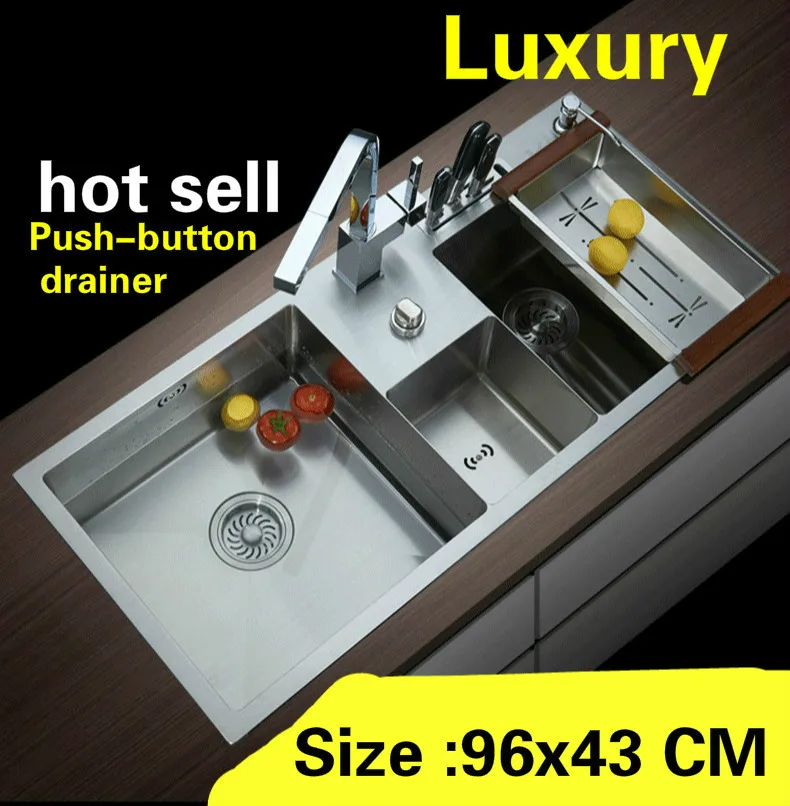 

Free shipping Apartment big kitchen manual sink double groove push button drainer 304 stainless steel hot sell 960x430 MM