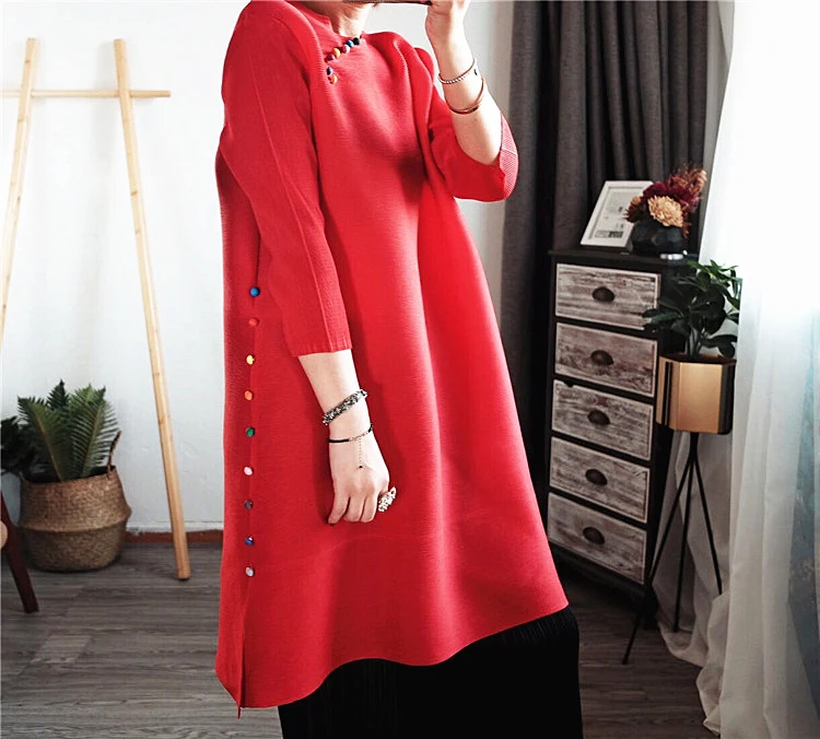 Лидер продаж осеннее платье миаке в стиле ретро элегантное свободное однотонное